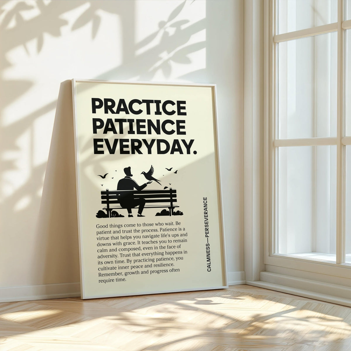 Motivational Quotes Posters leaning print with person feeding bird on bench design and sunlight through window
