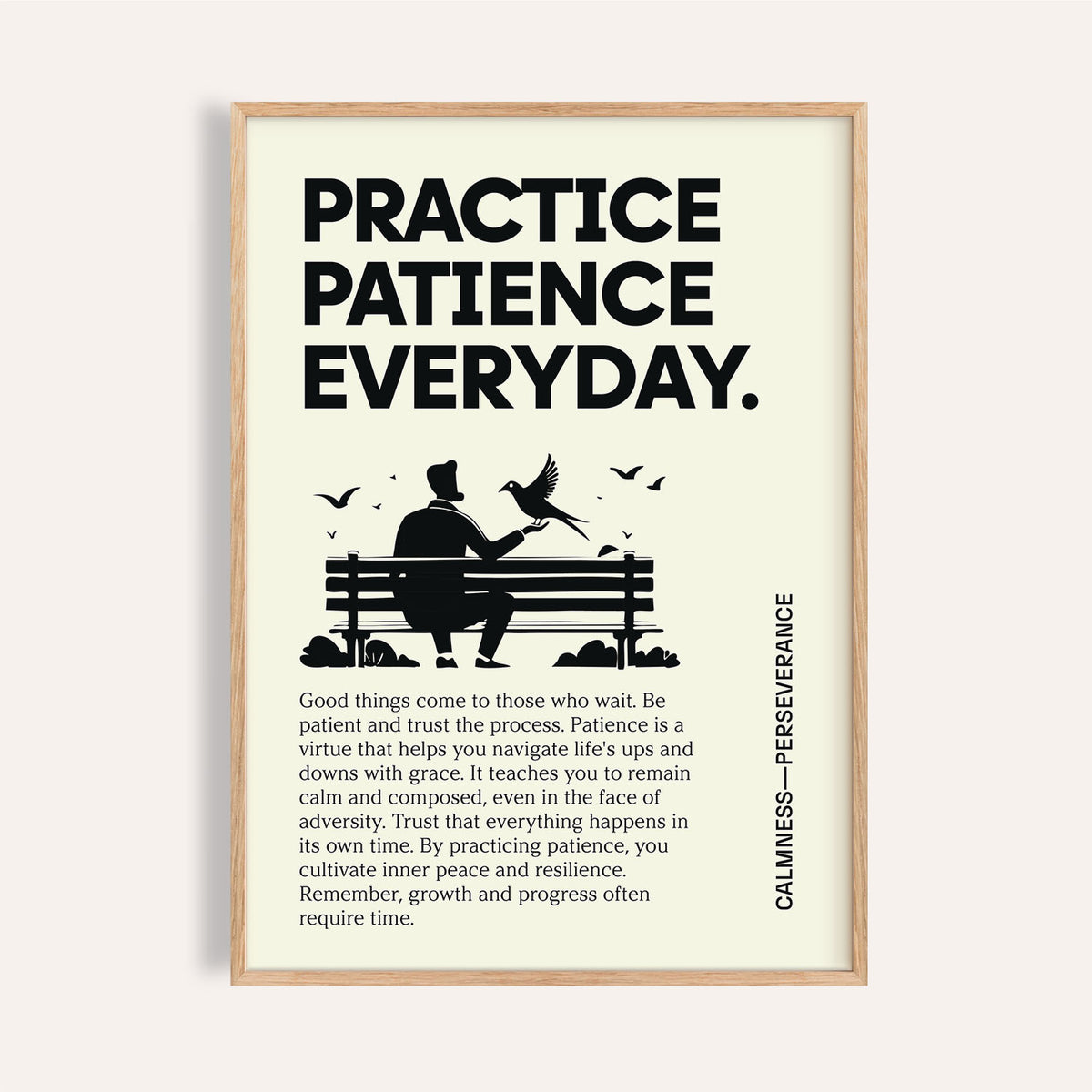Framed Motivational Quotes Posters with black text and silhouette of person feeding bird on bench