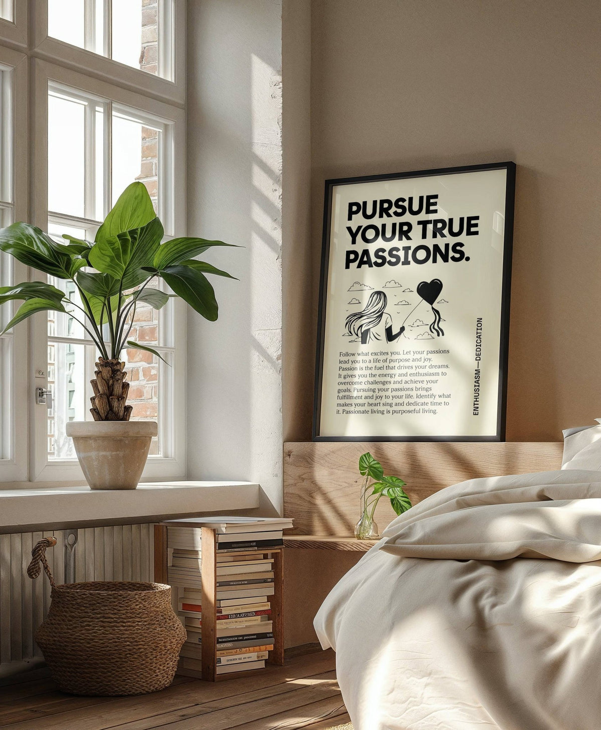 Inspirational wall art of woman with heart balloon beside bed and plant on windowsill