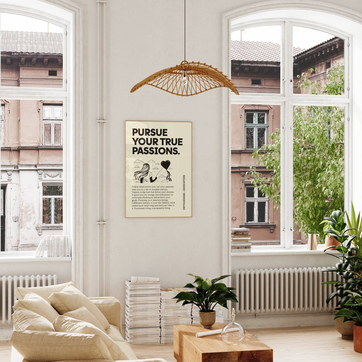 Inspirational wall art with woman and heart balloon illustration hanging between two large windows in living room