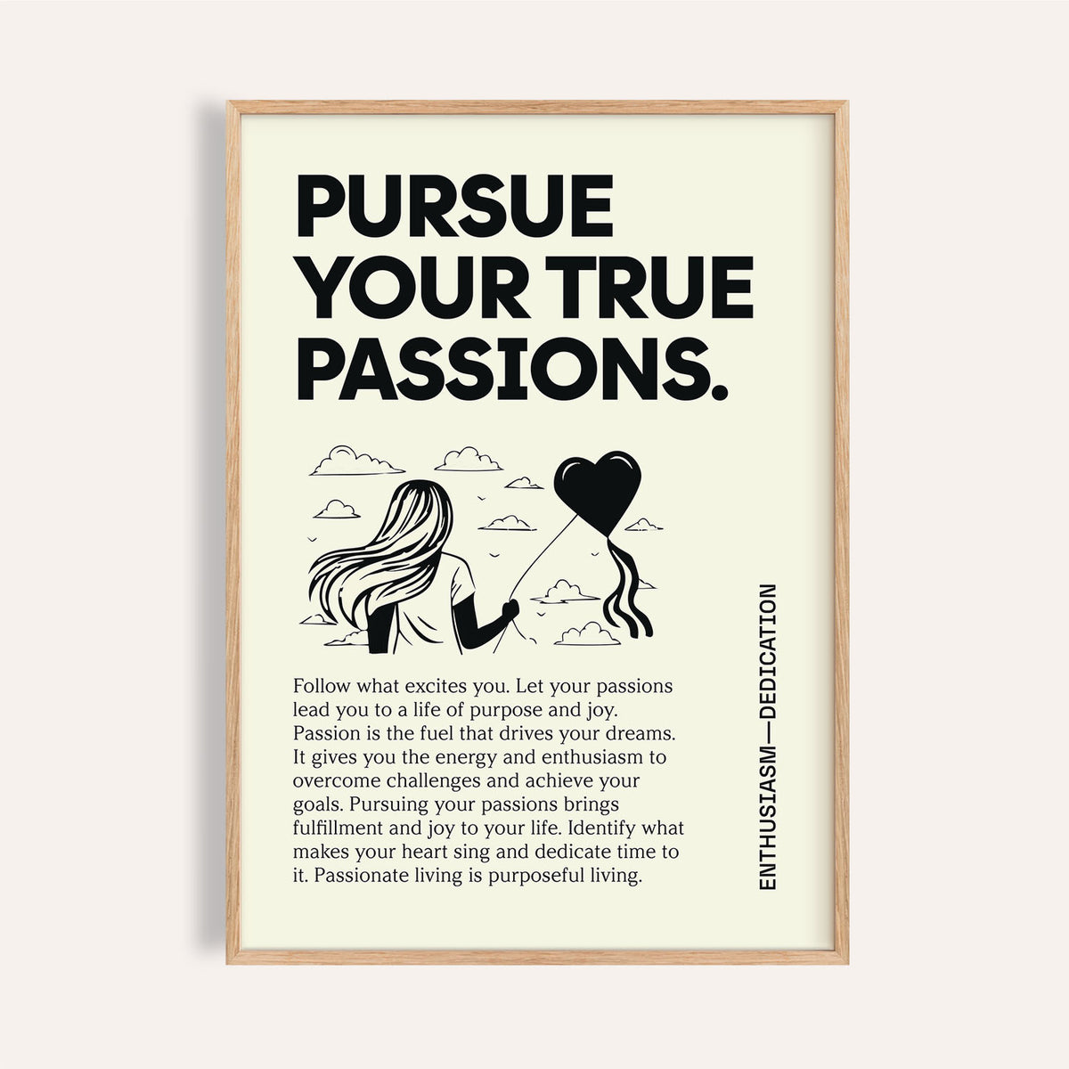 Framed Inspirational Wall Art with woman holding a heart balloon illustration and text in black on cream