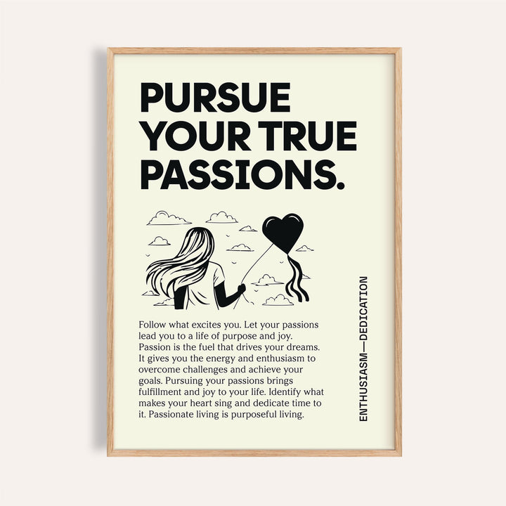 Framed Inspirational Wall Art with woman holding a heart balloon illustration and text in black on cream