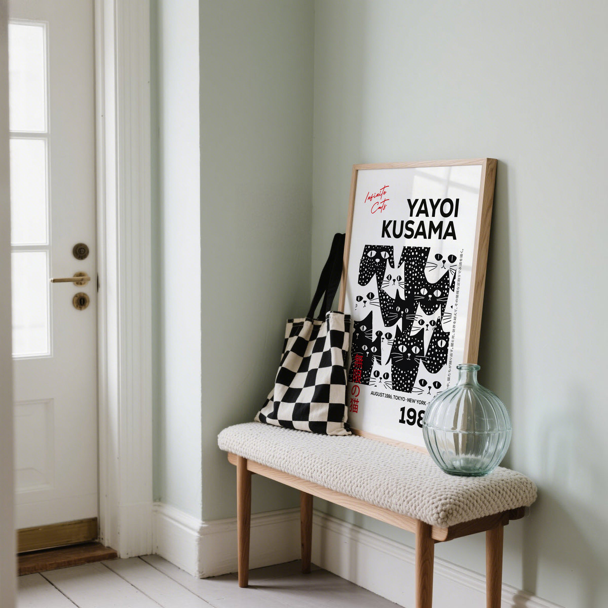 Entryway Black and White Art with Cats inspired by  Yayoi Kusama Dots