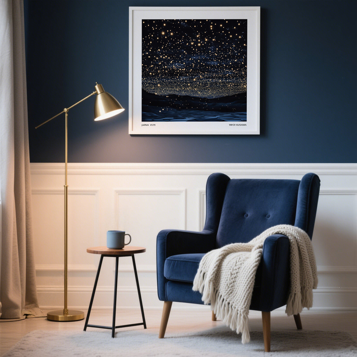 Starry Night Print framed print close-up of a starry night sky with gold and dark blue tones in a living room
