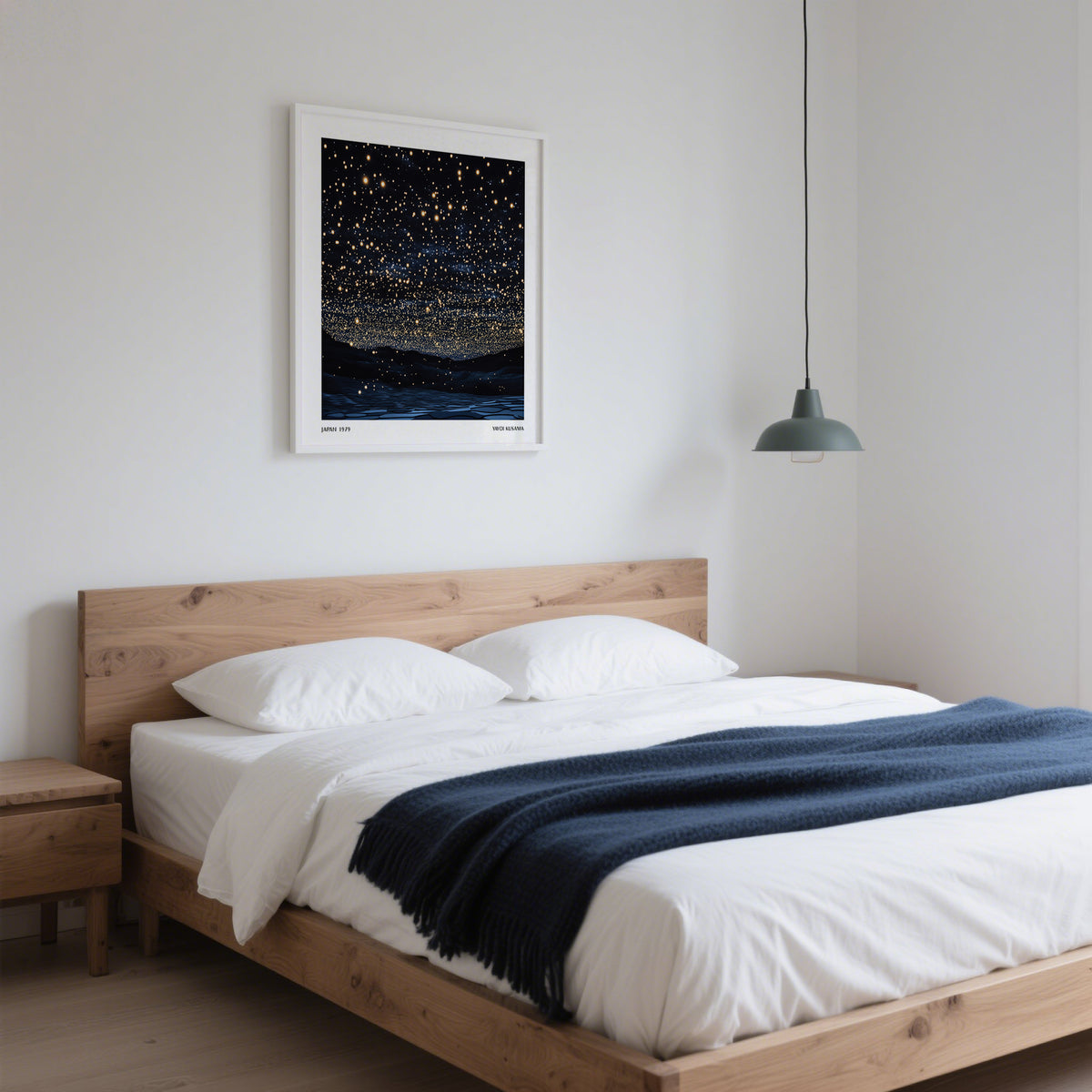 Starry Night Print framed print of a starry night sky with golden dots in a bedroom above a wooden bed