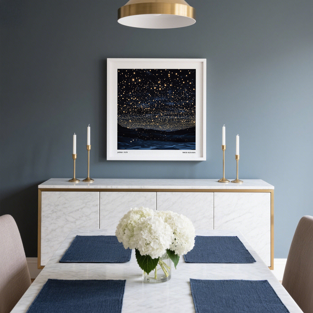 Starry Night Print showing a star-filled night sky in dark blue and gold above a dining table with candlesticks