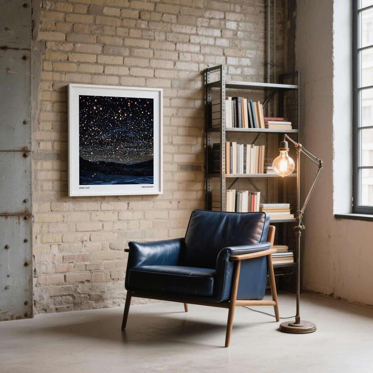 Starry Night Print on a brick wall with golden stars and a dark blue sky above a blue leather armchair