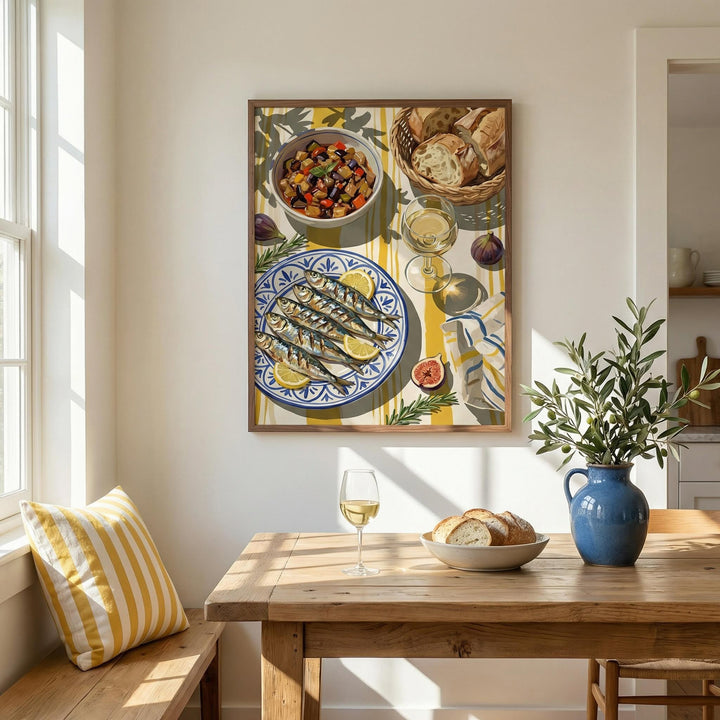 Mediterranean kitchen decor print of grilled sardines and bread hanging above wooden dining table with plant