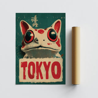 Frog Prints illustration of a tokyo hopper frog in vintage Japanese-ink style with red and cream tones