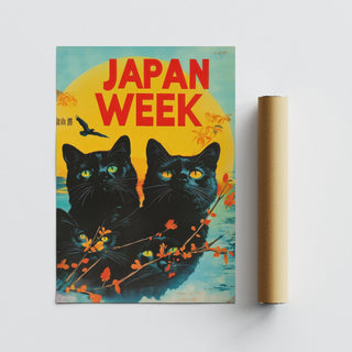Retro wall prints of black cats with yellow eyes and a large yellow sun near packaging tube