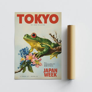 Frog wall art flat with a green frog on a branch and floral details beside a packaging tube
