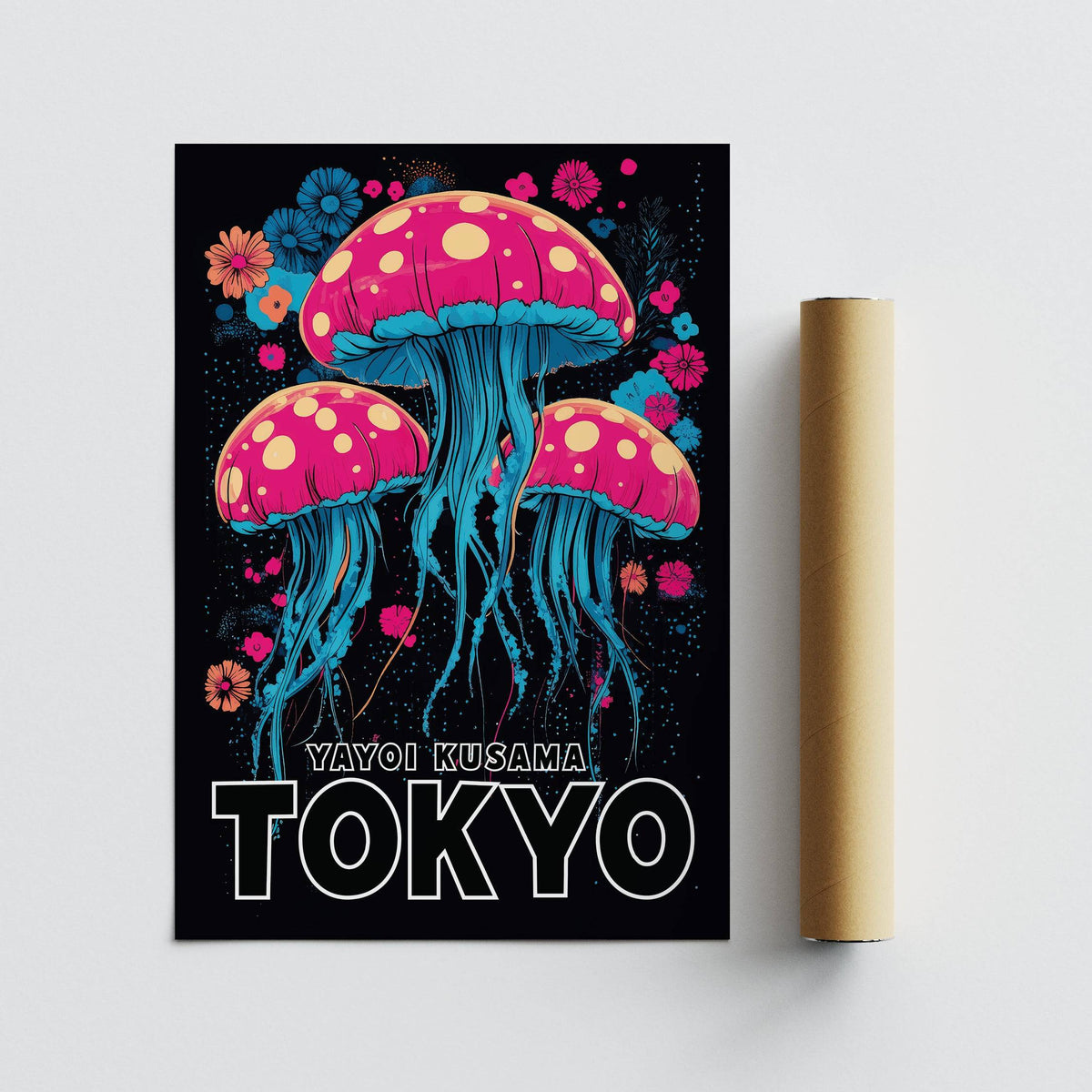 Close-up of psychedelic jellyfish wall art with blue and pink tones alongside a brown packaging tube