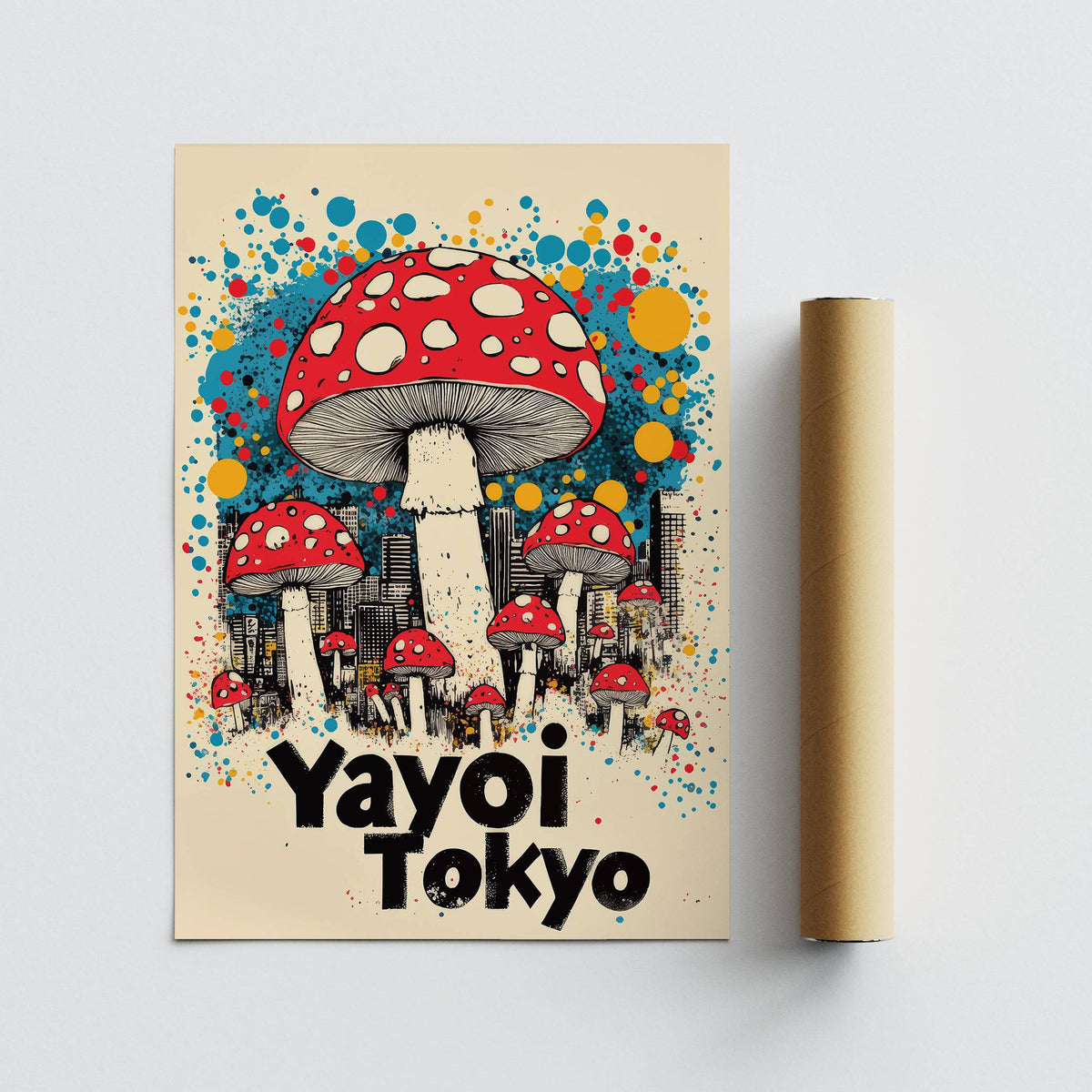 Detail close-up of Japanese Vintage Prints with red mushrooms and splashes of blue and yellow next to a brown tube