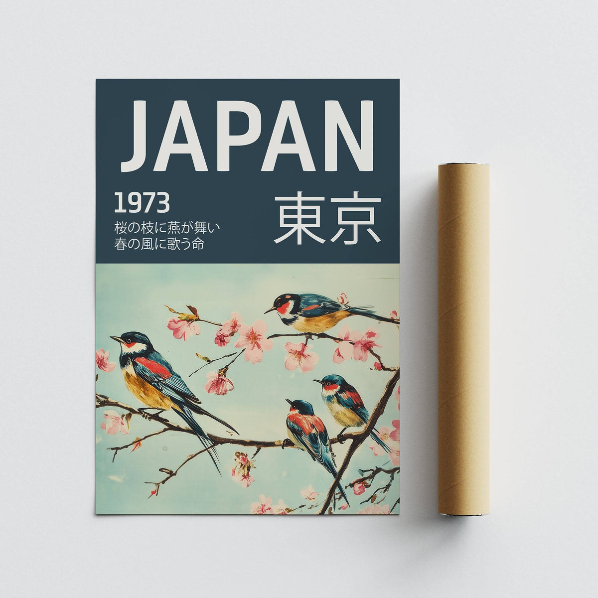 Japanese Bird wall art beside a plain brown packaging tube on a grey surface