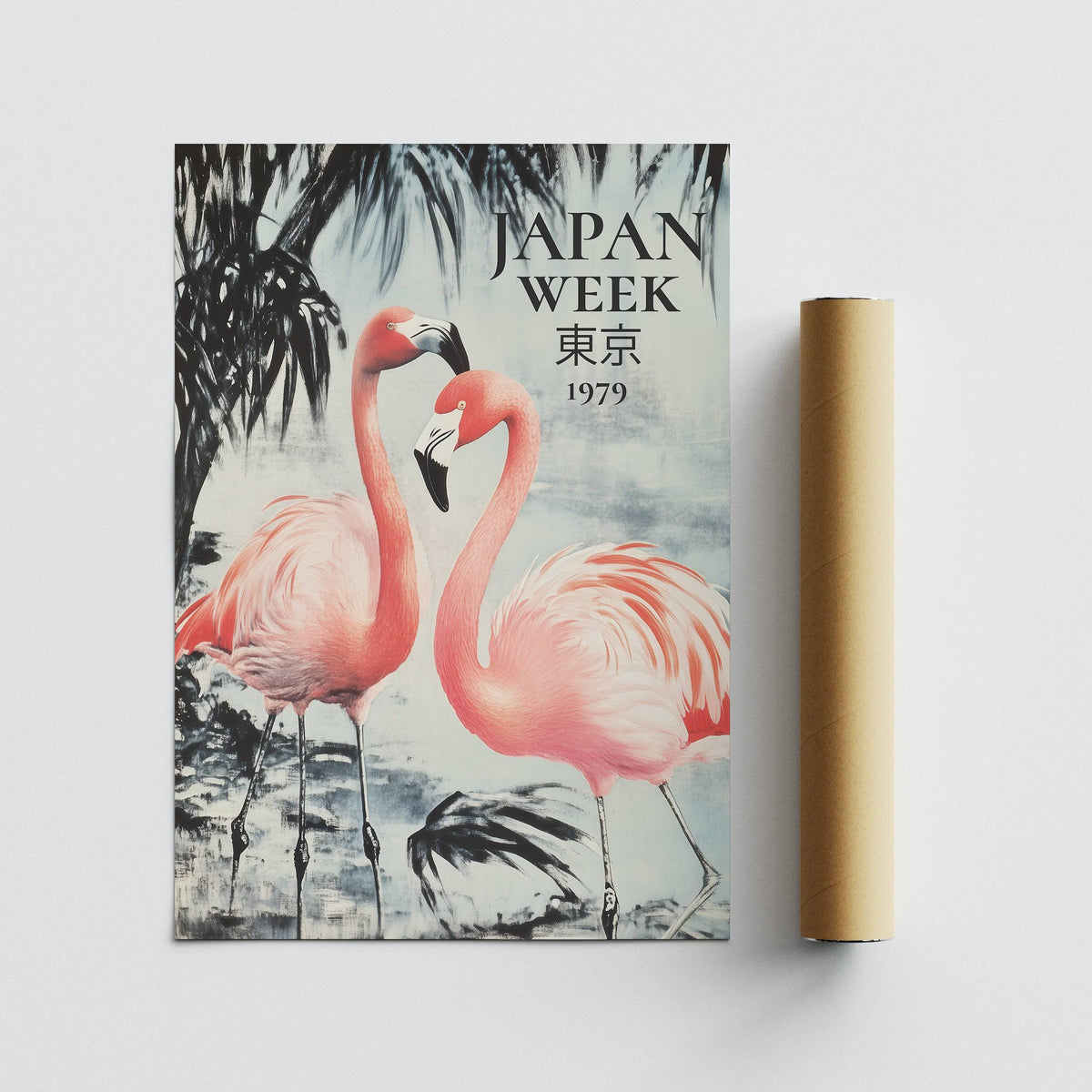 Prints of Flamingos illustration of two flamingos in pink and grey colours with a packaging tube