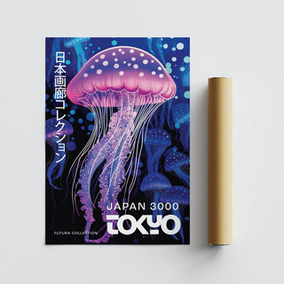 Under The Sea Decor print of a pink jellyfish with flowing tentacles next to a packaging tube