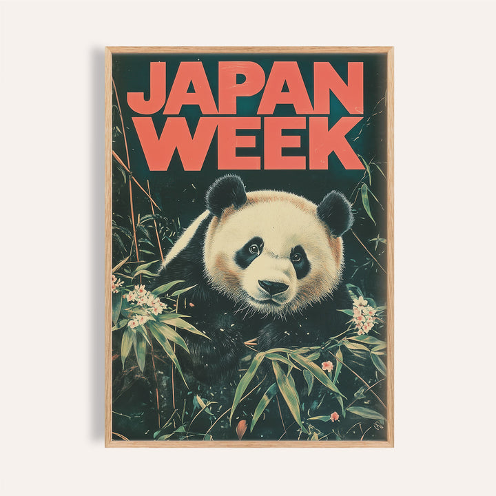 Framed close-up of Japanese Panda Art with a giant panda and red lettering