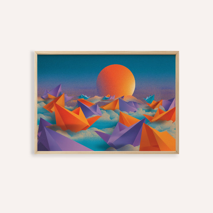 Framed Origami wall art with abstract orange and purple paper boats and a large orange sun