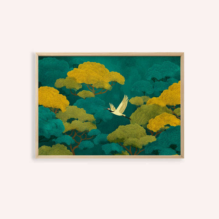 Framed print of colourful Japanese nature art with a flying crane above yellow and green trees