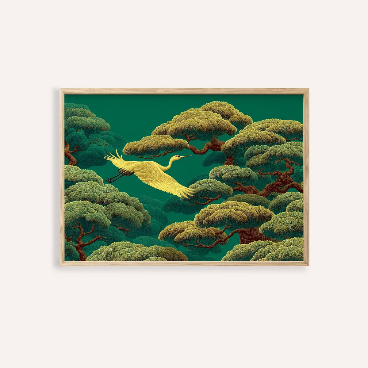 White Crane Painting framed print close-up of a golden crane flying over green pine trees
