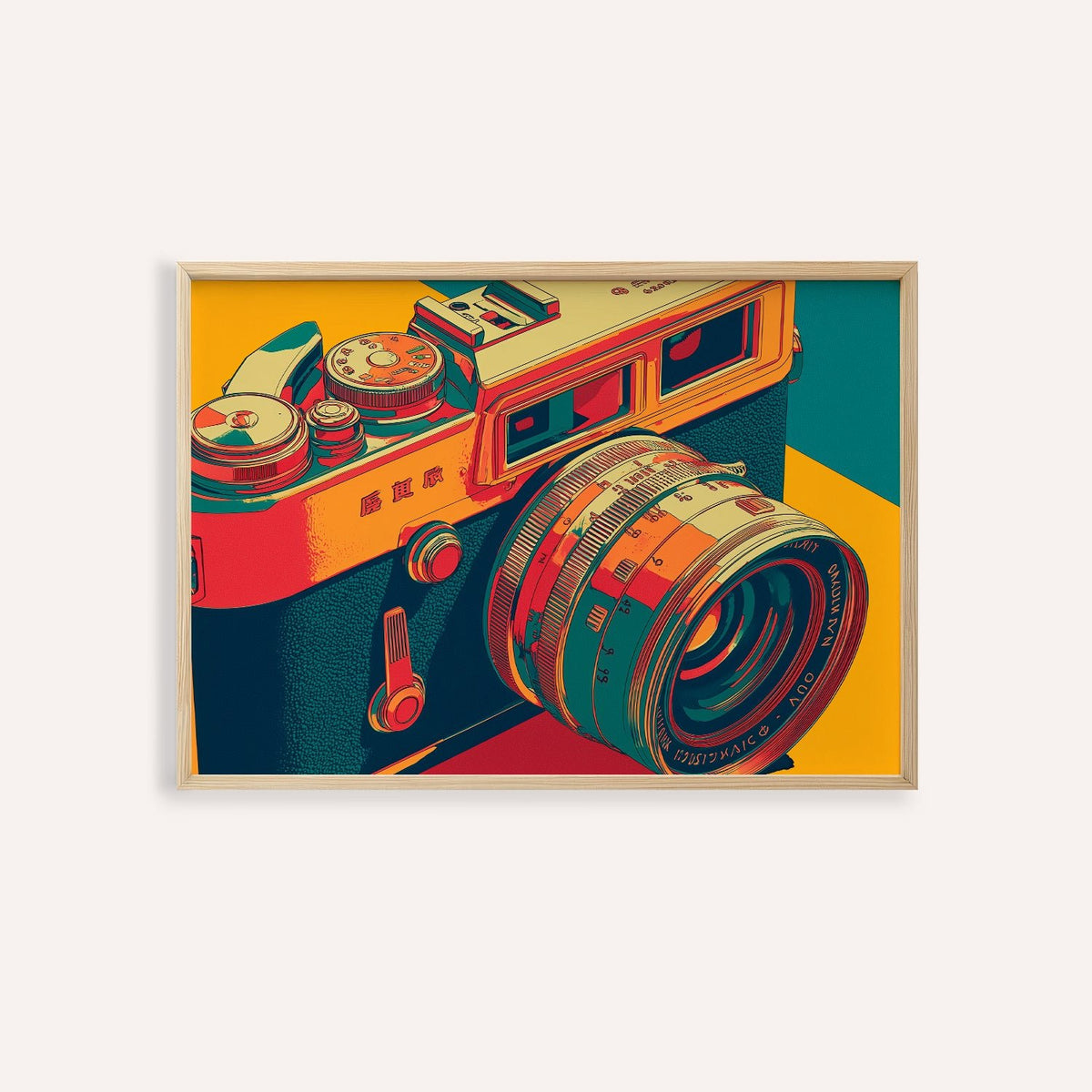 Framed close-up of vintage camera wall art with orange yellow and turquoise colours
