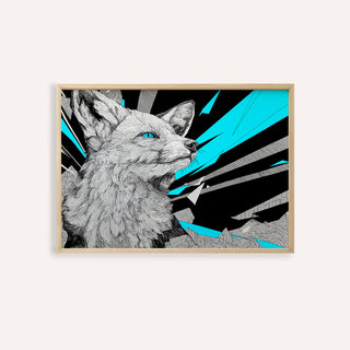 Framed Retro Fox Art Print of a fox head with blue eyes against blue and black abstract shapes