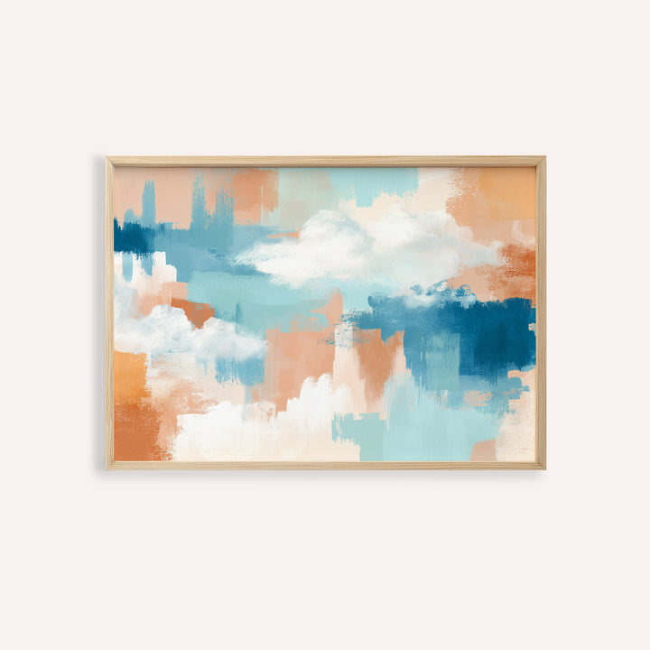Framed abstract cloud print with blue and orange brush strokes in a contemporary style