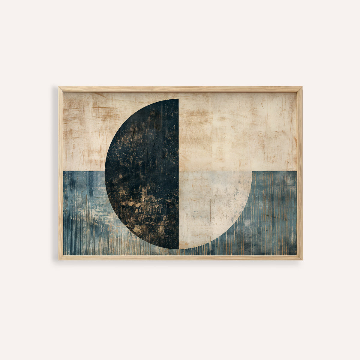 Framed modern art poster with an abstract half circle in black, beige, and blue in a minimalist style