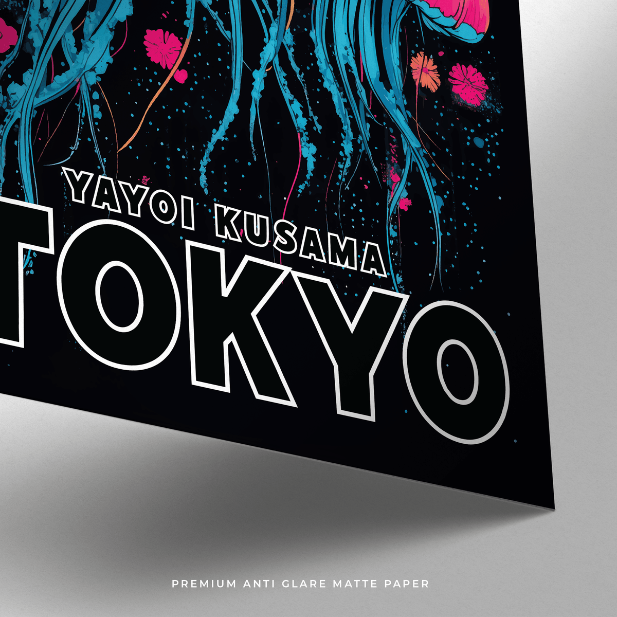 Detail close-up of Wall Art for Kids Room with colourful psychedelic jellyfish and bold Tokyo text