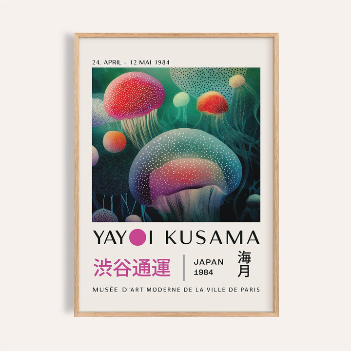 Framed print close-up of Fish Wall Decor with glowing jellyfish in red and green tones