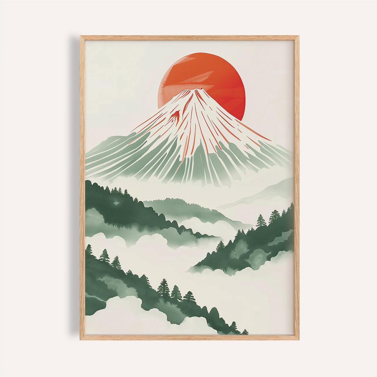Contemporary Japanese Prints of Mount Fuji and a red sun in minimalist Japanese woodblock style