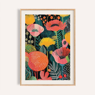 Framed print of colourful poppy flowers in a contemporary botanical illustration style