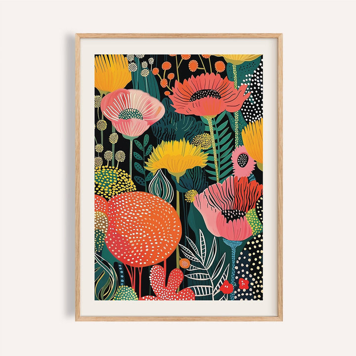 Framed print of colourful poppy flowers in a contemporary botanical illustration style