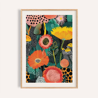 Framed print close-up of beautiful flower art with colourful abstract flowers and black dotted details