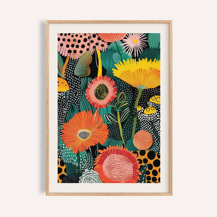 Framed print close-up of beautiful flower art with colourful abstract flowers and black dotted details