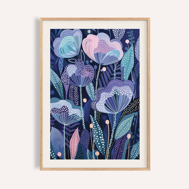 Purple Flower Poster with abstract purple and blue flowers with dots and leaves in a light wooden frame