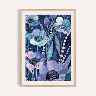 Framed modern flower art with indigo and pastel blue floral pattern in abstract botanical style