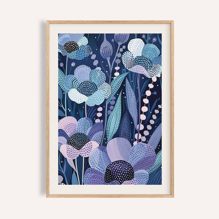 Framed modern flower art with indigo and pastel blue floral pattern in abstract botanical style