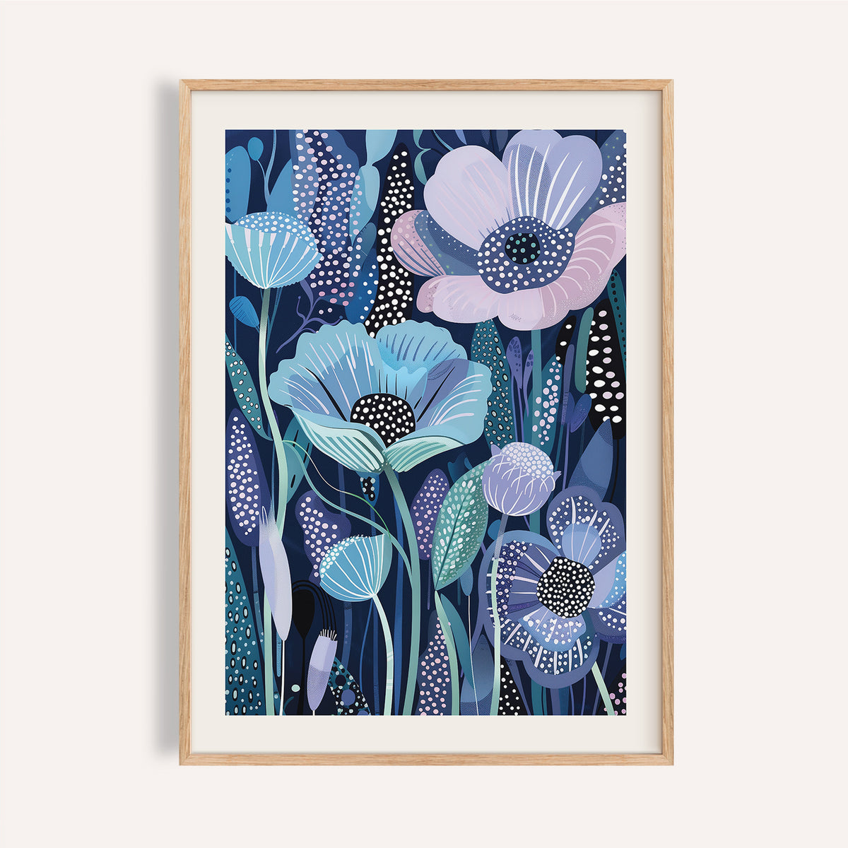 Framed print close-up of blue and purple art featuring stylised flowers with dotted details in wood frame