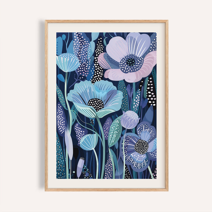 Framed print close-up of blue and purple art featuring stylised flowers with dotted details in wood frame