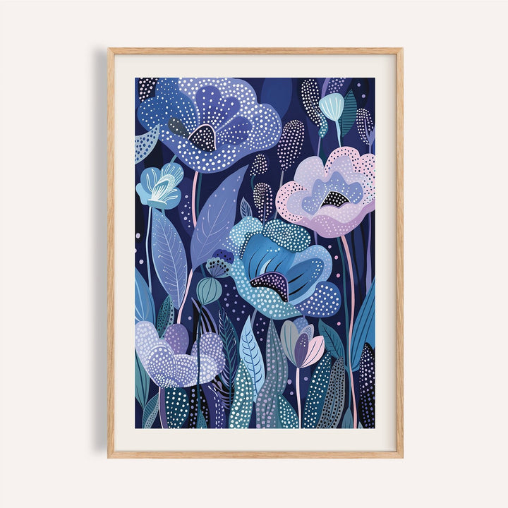 Framed purple home decor print with abstract flowers in blue and lavender shades