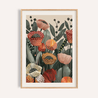 Framed print close-up of poppy flower art with dotted poppies in reds and greens