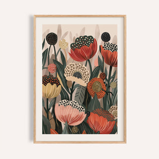 Framed Art with Poppies wall art of stylized flower bouquet with red and beige tones