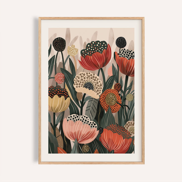 Framed Art with Poppies wall art of stylized flower bouquet with red and beige tones