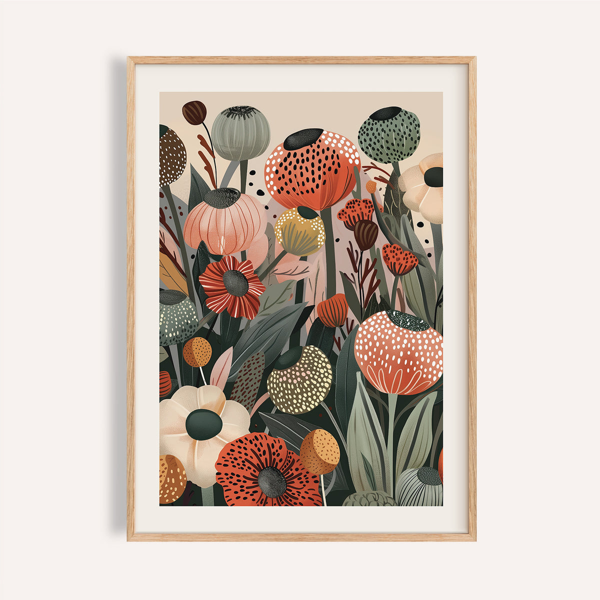 Floral print wall art featuring poppy seed heads in muted orange grey and green tones
