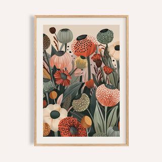 Floral print wall art featuring poppy seed heads in muted orange grey and green tones