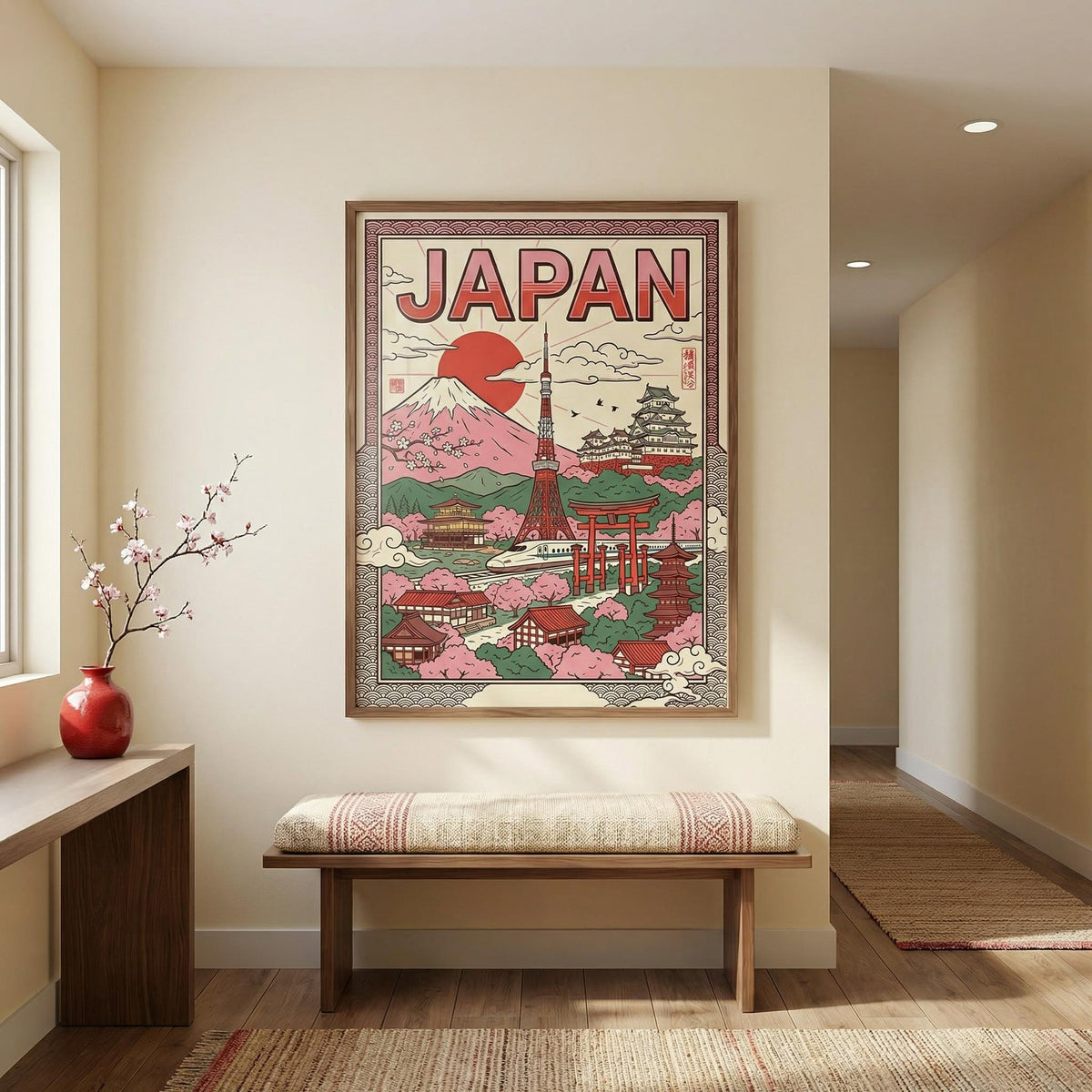 Japan wall art illustration of Mount Fuji and landmarks in pink and green hung above a bench with a red vase on a table