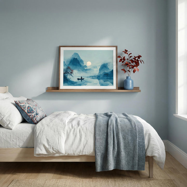 Serene Nature Poster print leaning on a shelf in a bedroom with blue and grey tones