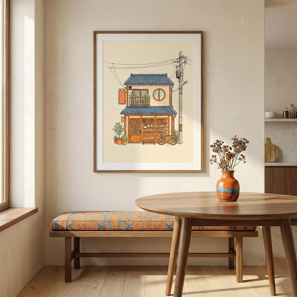 Japanese Style Art Print of a small bakery house in soft beige and blue tones above a dining bench