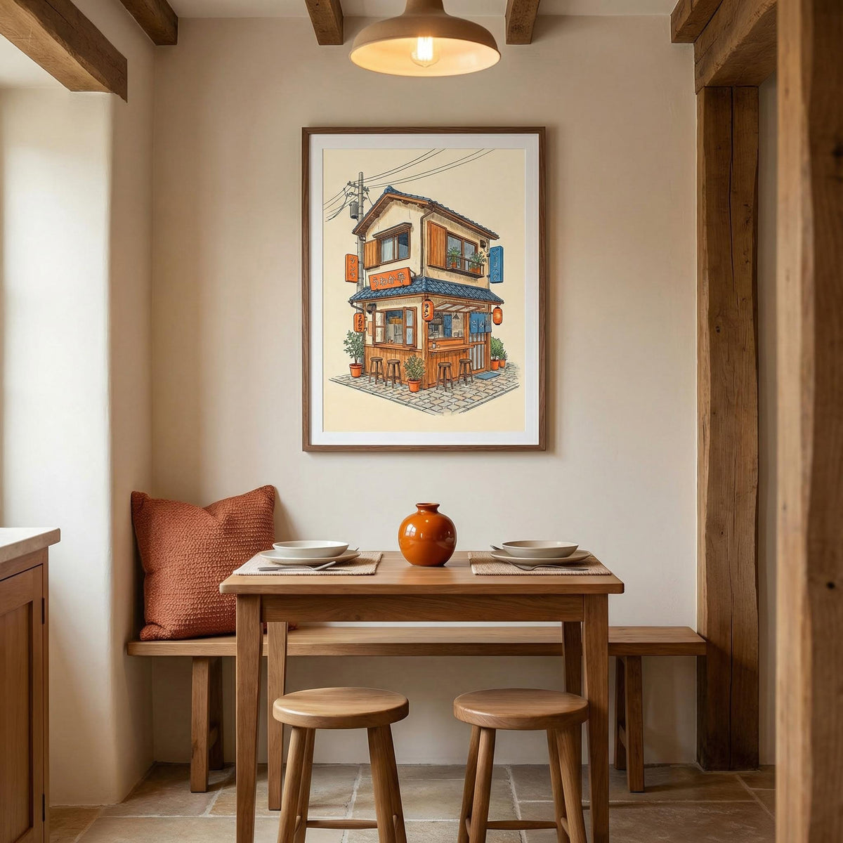Japanese restaurant wall art in a dining room above a wooden dining table with stools and a brown cushion